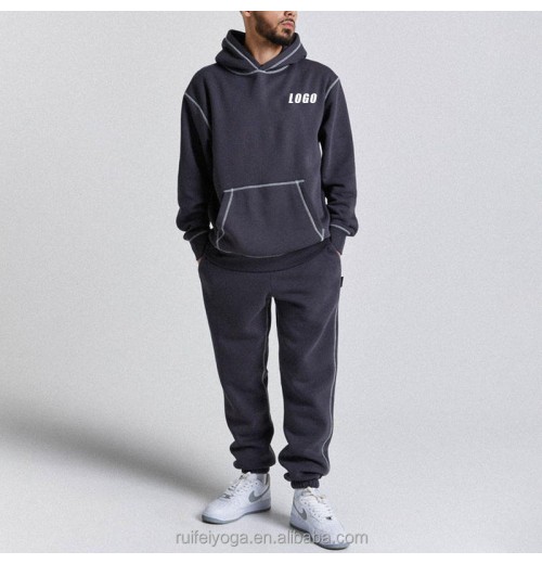 Custom 2 Pieces Joggers Men Tracksuit Blank Oversized Cotton Sweatsuit Contrast Stitch Hoodie And French Terry Sweatpants Sets