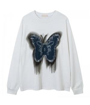 Butterfly Patch Tassel Design Long-Sleeved Pullover T-Shirt for Men Women Oversized Loose Couple Casual Style Autumn Base Layer