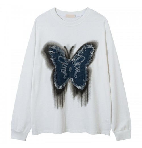 Butterfly Patch Tassel Design Long-Sleeved Pullover T-Shirt for Men Women Oversized Loose Couple Casual Style Autumn Base Layer